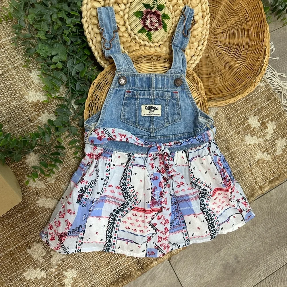 OshKosh B'gosh Red White Blue Denim Bandana Patchwork Overalls Dress Baby Girl
